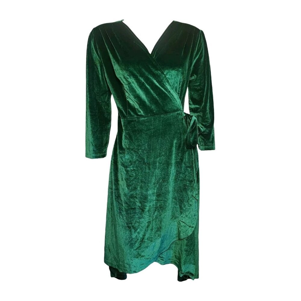 LEADINGSTAR Solid‎ All Green Velvet Velour Look Wrap Style Dress Womens Size XL